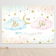 He Or She Gender Reveal Backdrop Boy or Girl Pink Cloud What Will Baby Be Background Gold Stars Moon Cute Lovely Newborn Party Decorations Banner Photo Booth Props Birthday Supplies